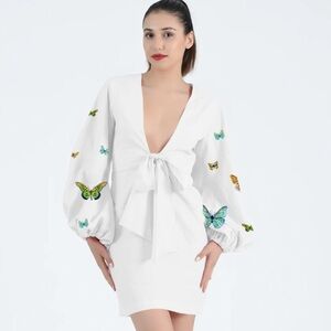 NWT Fanm Mon Larson Butterfly Embroidered Dress White